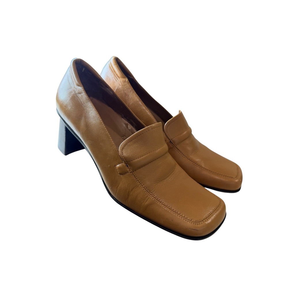 Vintage Tan Leather Chunky Heel 7 Loafers Square Toe Retro 90s Block Heel Pumps